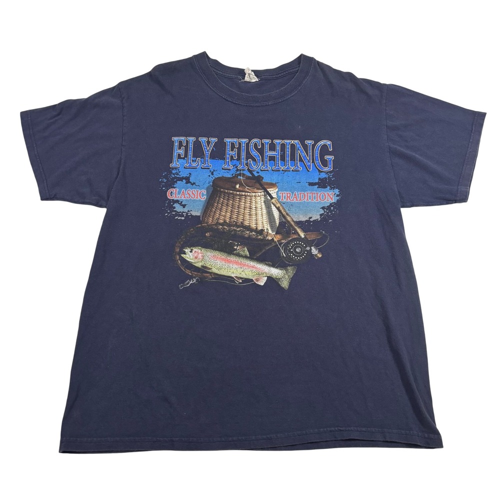 Vintage Fly Fishing 90's Rainbow Trout Graphic T-Shirt XL Navy Blue Anvil
